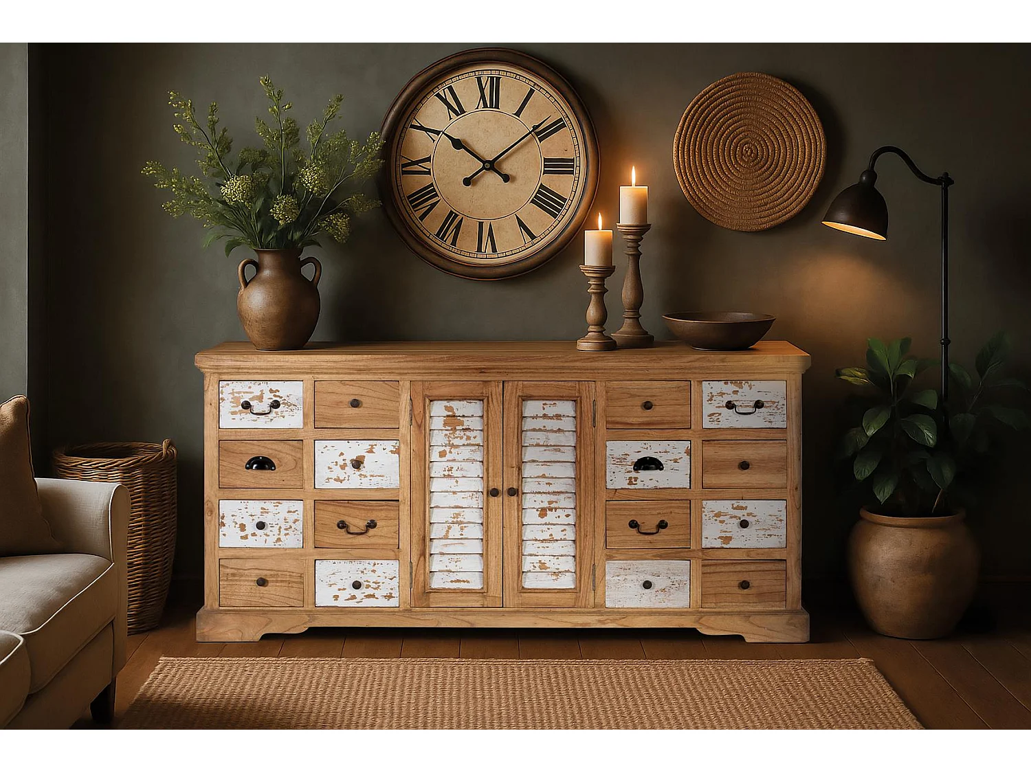 Rustykalna komoda z litego drewna mindi z 12 szufladami i 2 drzwiami