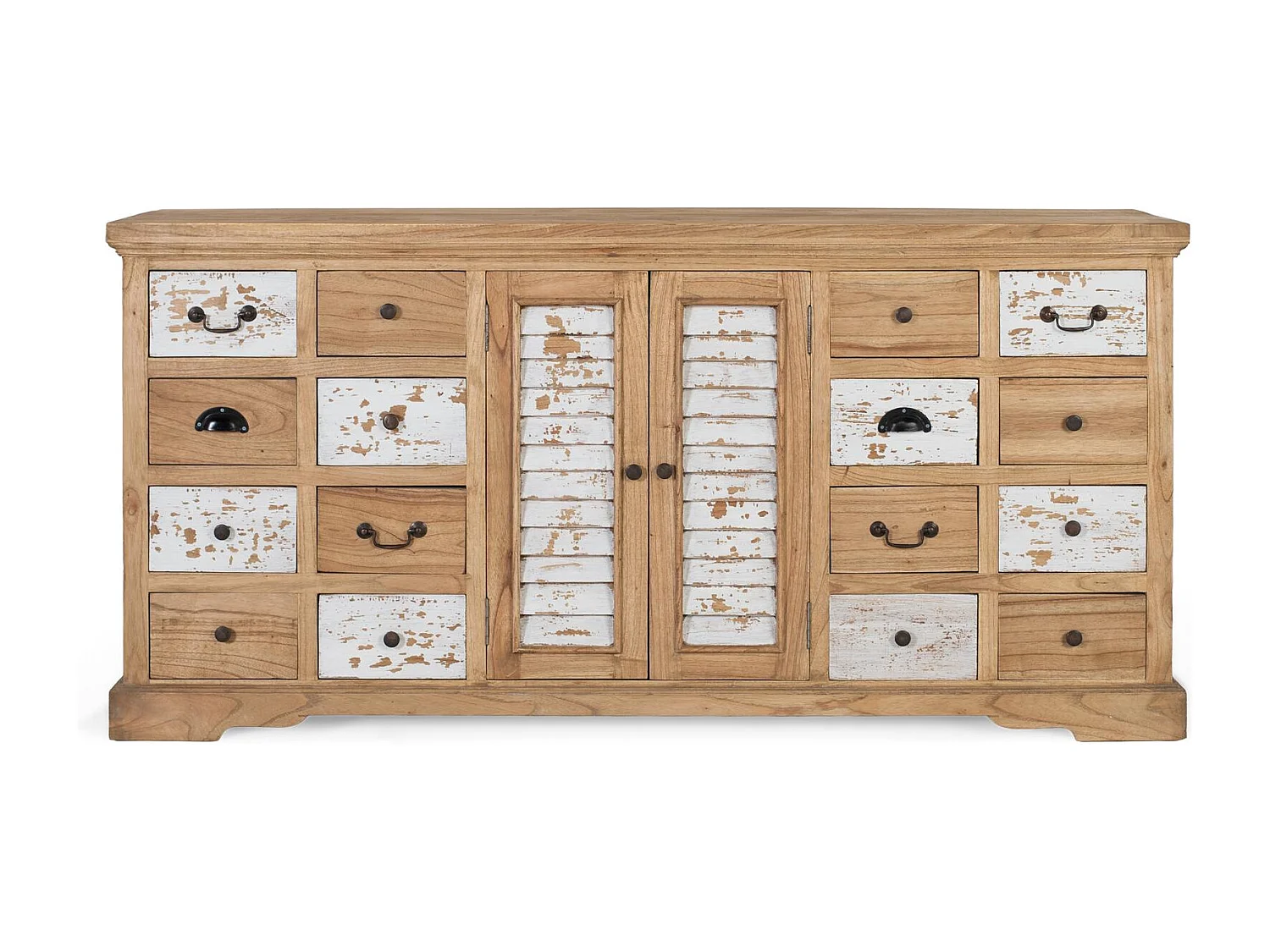 Rustykalna komoda z litego drewna mindi z 12 szufladami i 2 drzwiami