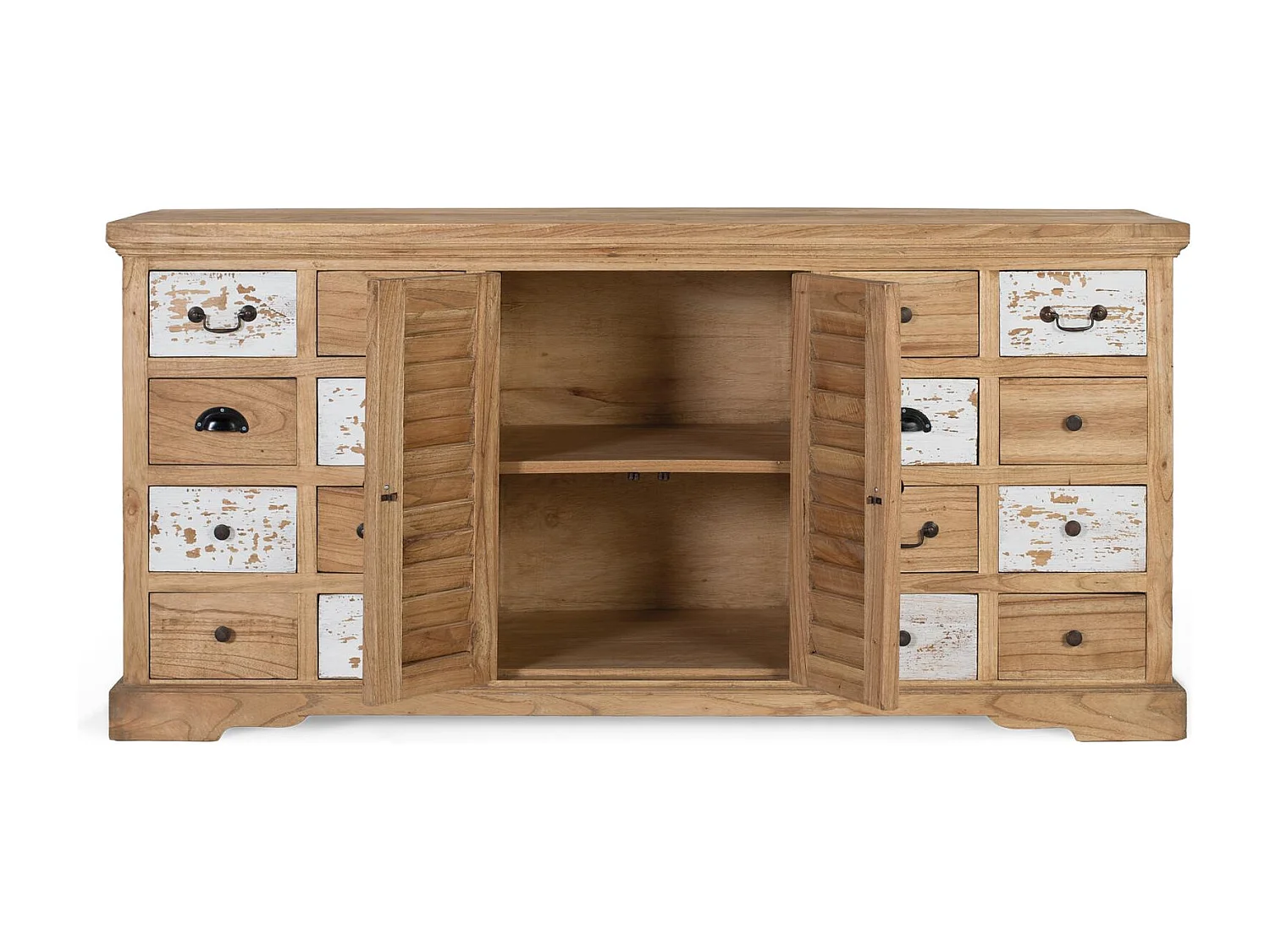 Rustykalna komoda z litego drewna mindi z 12 szufladami i 2 drzwiami