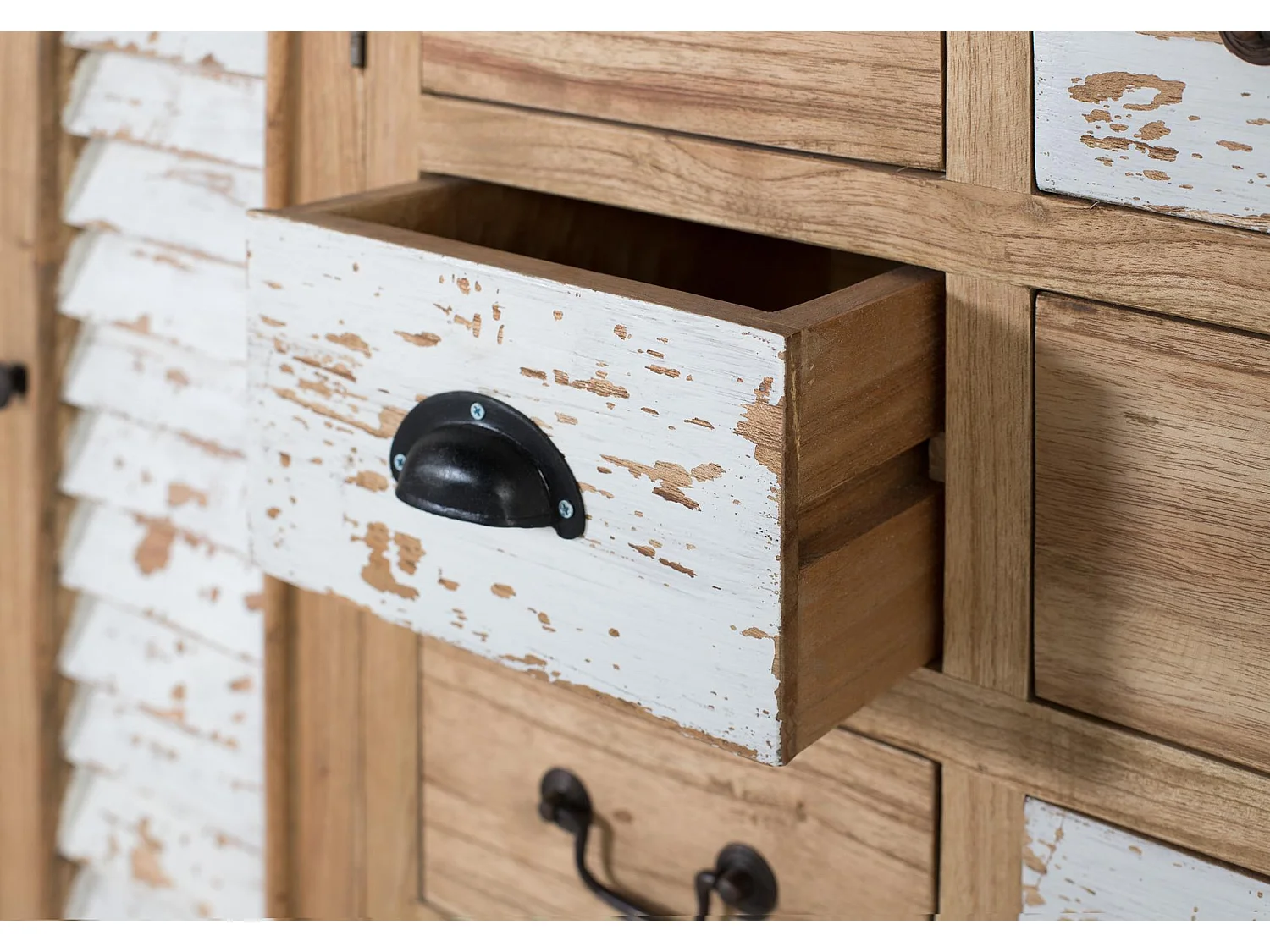 Rustykalna komoda z litego drewna mindi z 12 szufladami i 2 drzwiami