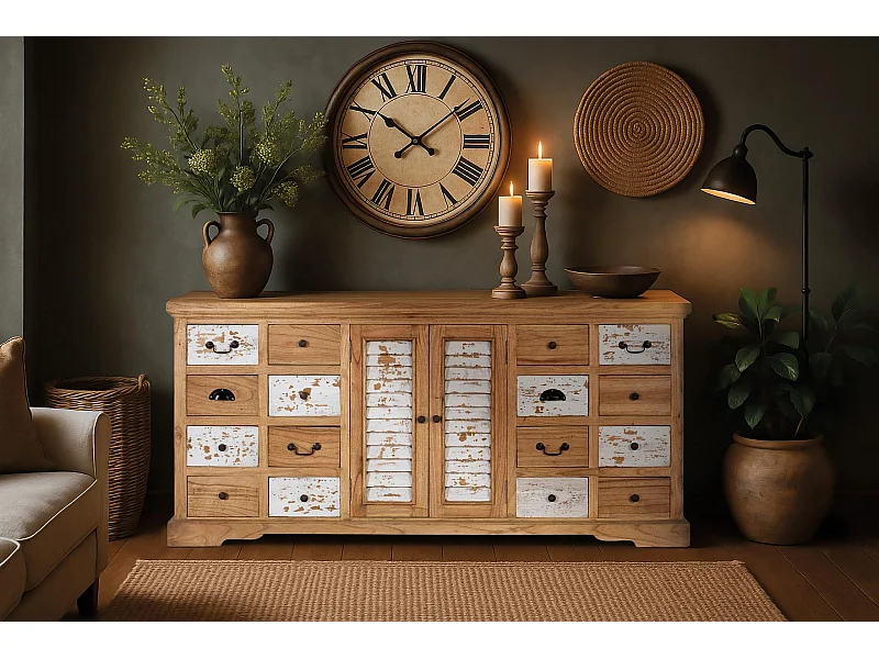 Buffet rustique en bois de mindi massif avec 12 tiroirs et 2 portes