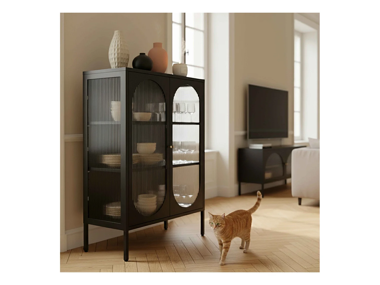 Buffet moderne 2 portes 80 cm en métal et verre noir