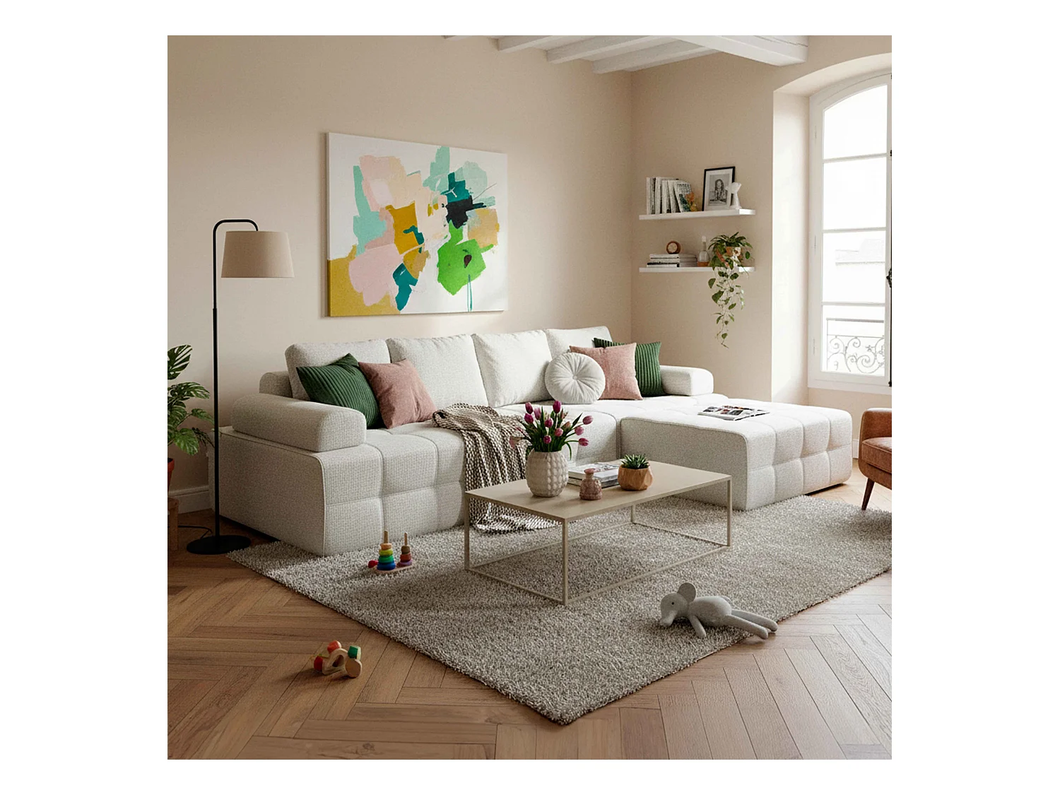 Canapé modulable 4 places en tissu avec pouf et coussins écru