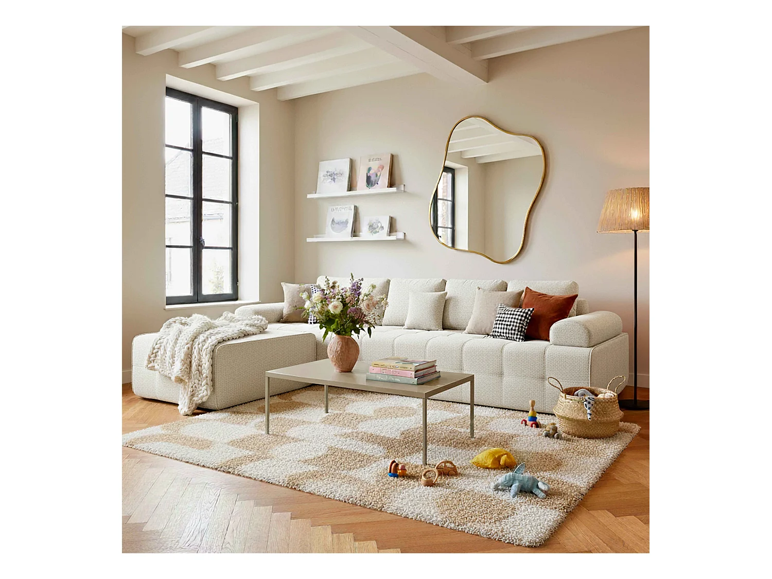 Canapé modulable 4 places en tissu avec pouf et coussins écru