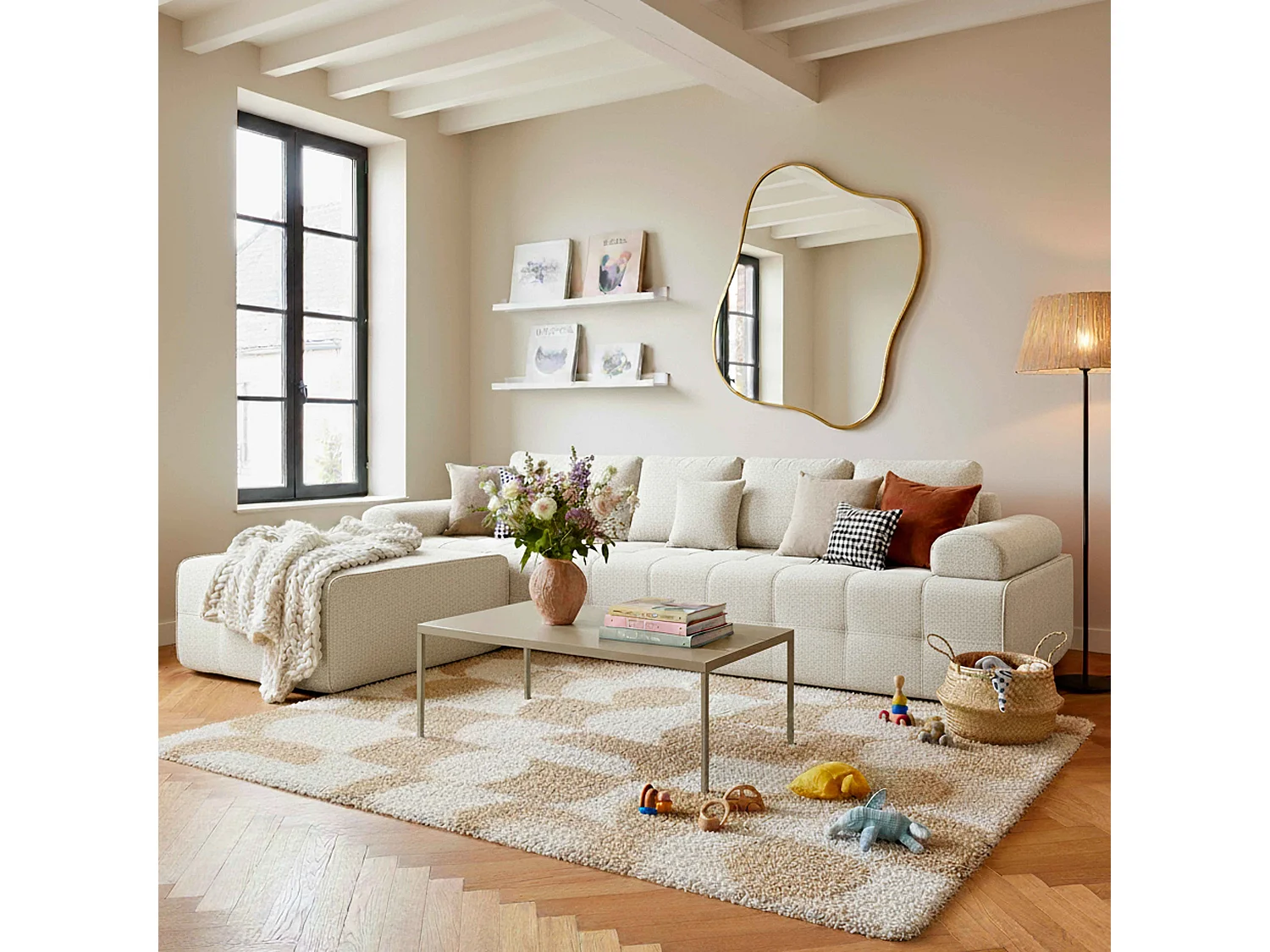 Canapé modulable 4 places en tissu avec pouf écru L 282 cm