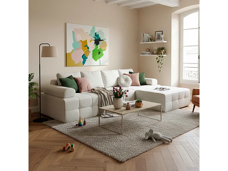 Canapé modulable 4 places en tissu avec pouf écru L 282 cm
