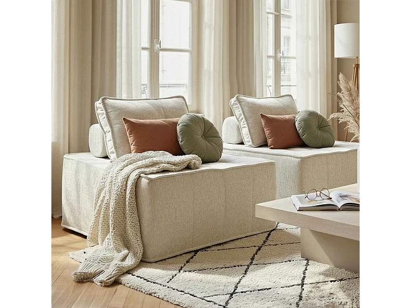 Canapé modulable 2 places en tissu avec coussins écru