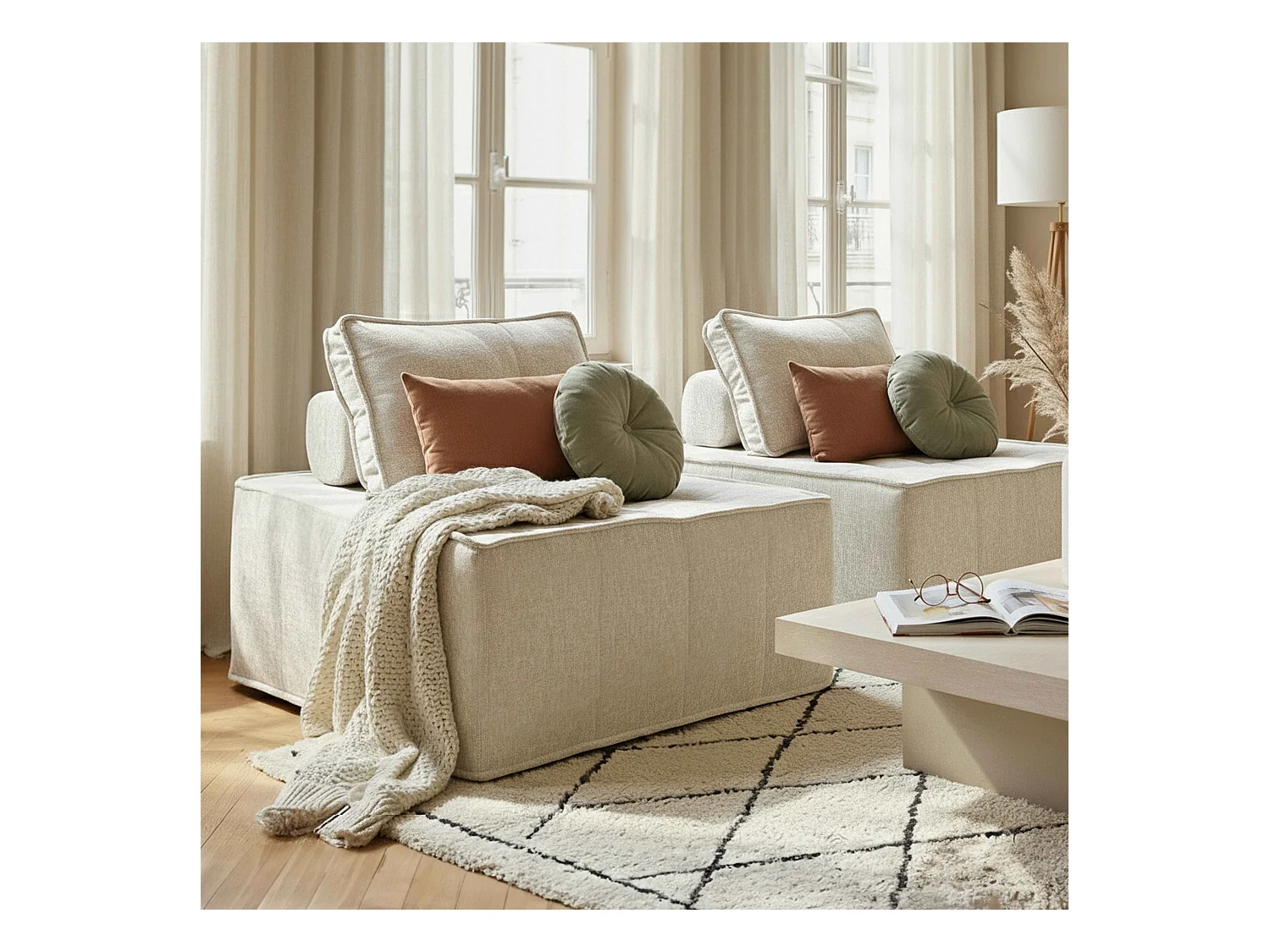 Canapé modulable 2 places en tissu avec coussins écru