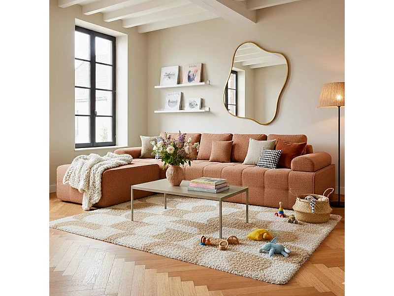 Canapé modulable 4 places en tissu avec pouf et coussins terracotta