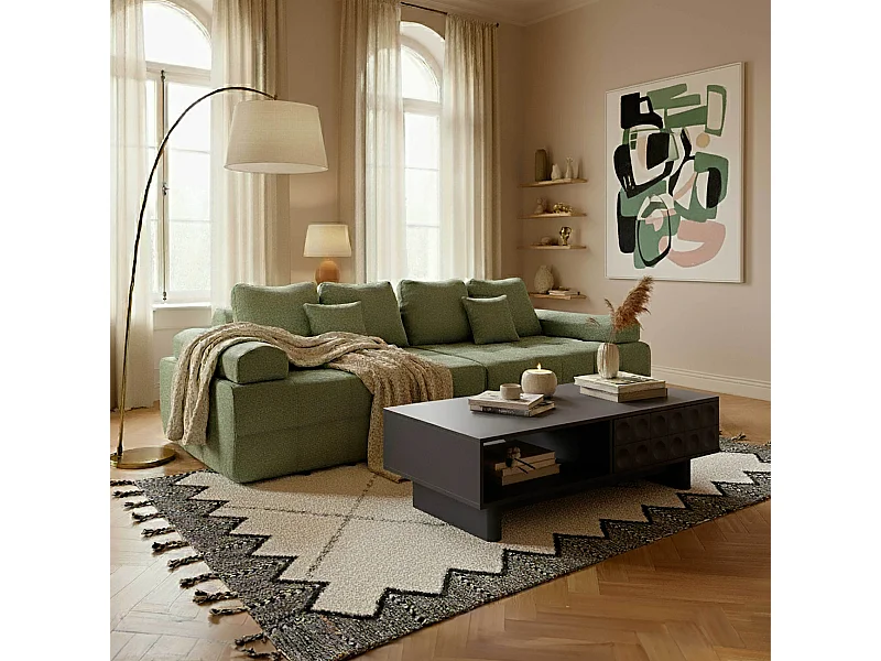 Canapé modulable 4 places en tissu avec coussins vert