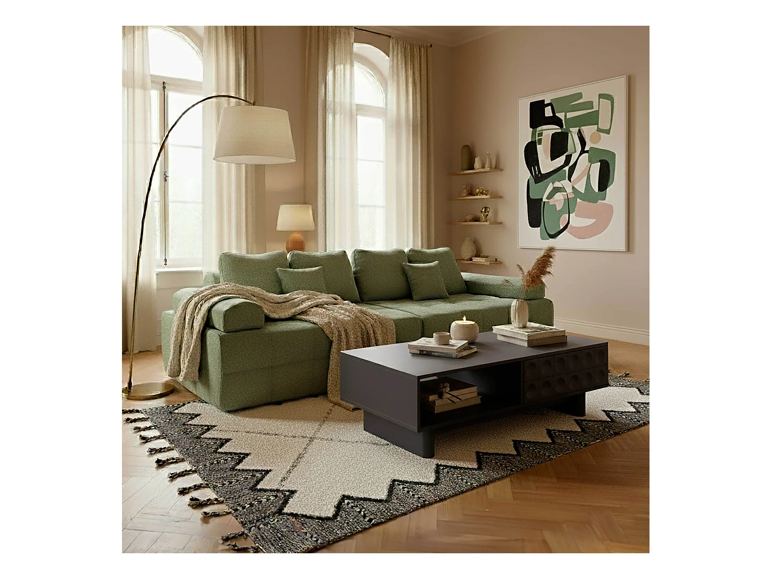 Canapé modulable 4 places en tissu avec coussins vert