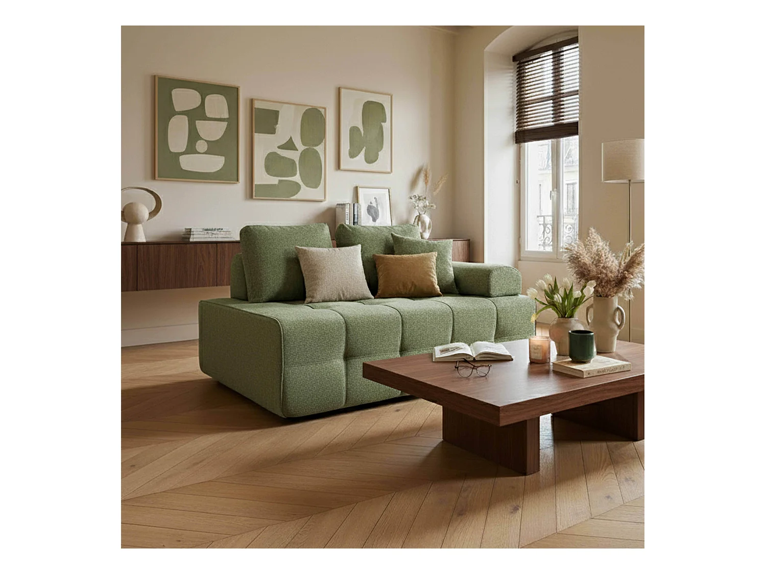 Fauteuil gauche pour canapé modulable en tissu avec coussins vert