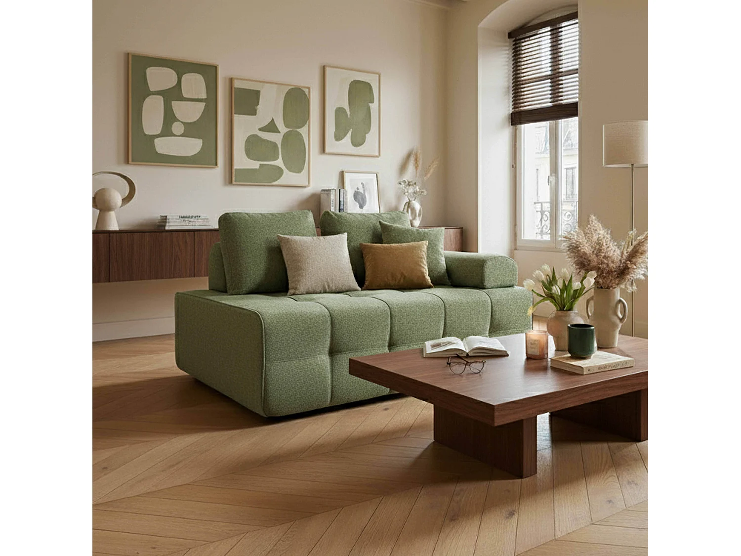 Fauteuil gauche pour canapé modulable en tissu vert L 140 cm