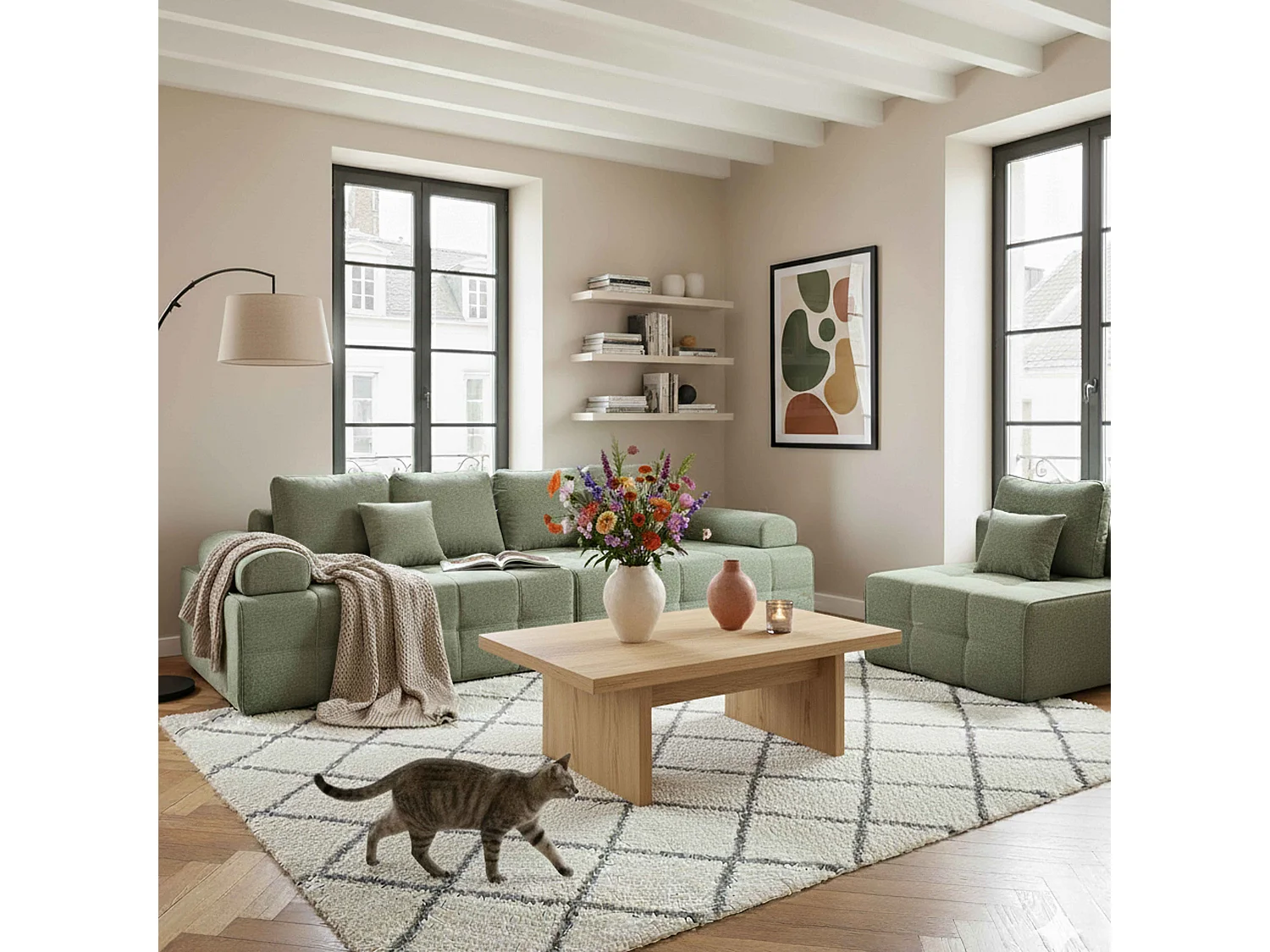 Fauteuil gauche pour canapé modulable en tissu vert L 140 cm