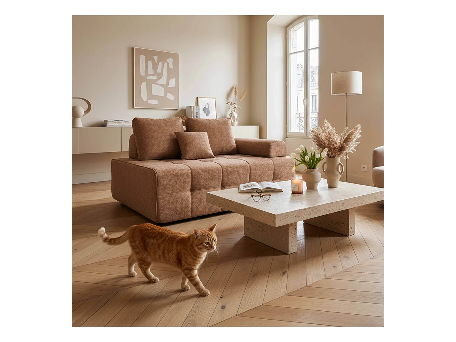 Fauteuil gauche pour canapé modulable en tissu terracotta