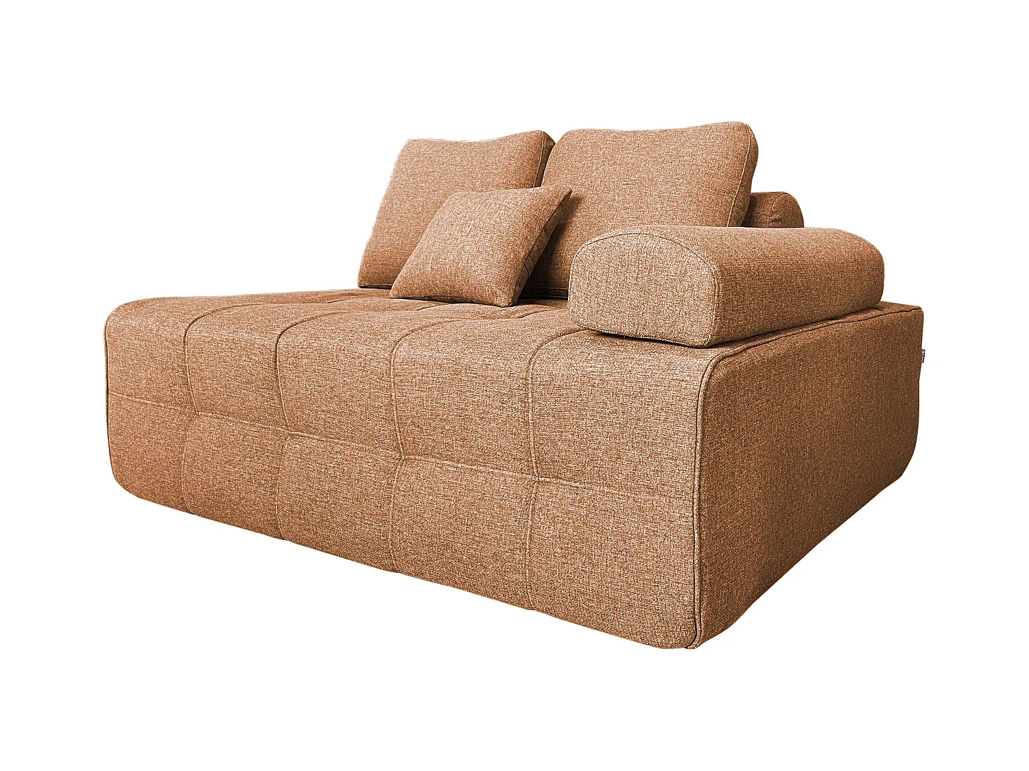 Linkerfauteuil bij modulaire stoffen bank met terracotta kussens