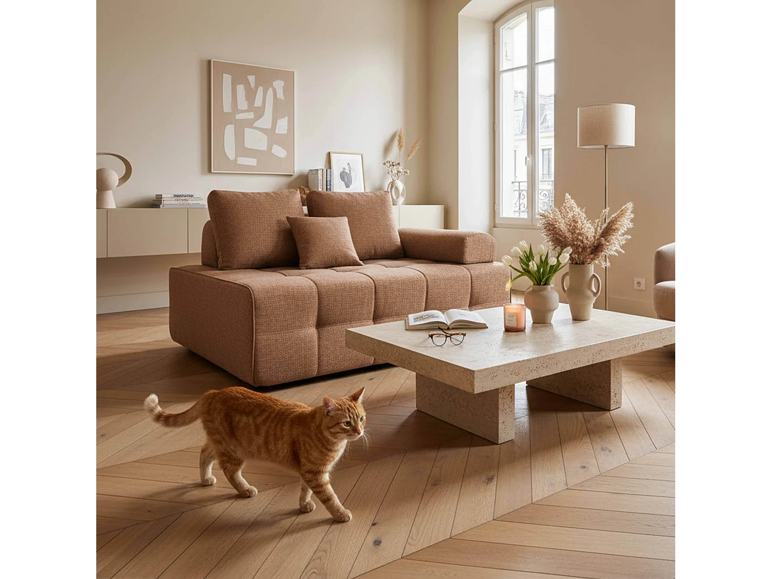 Fauteuil gauche pour canapé modulable en tissu terracotta L 140 cm