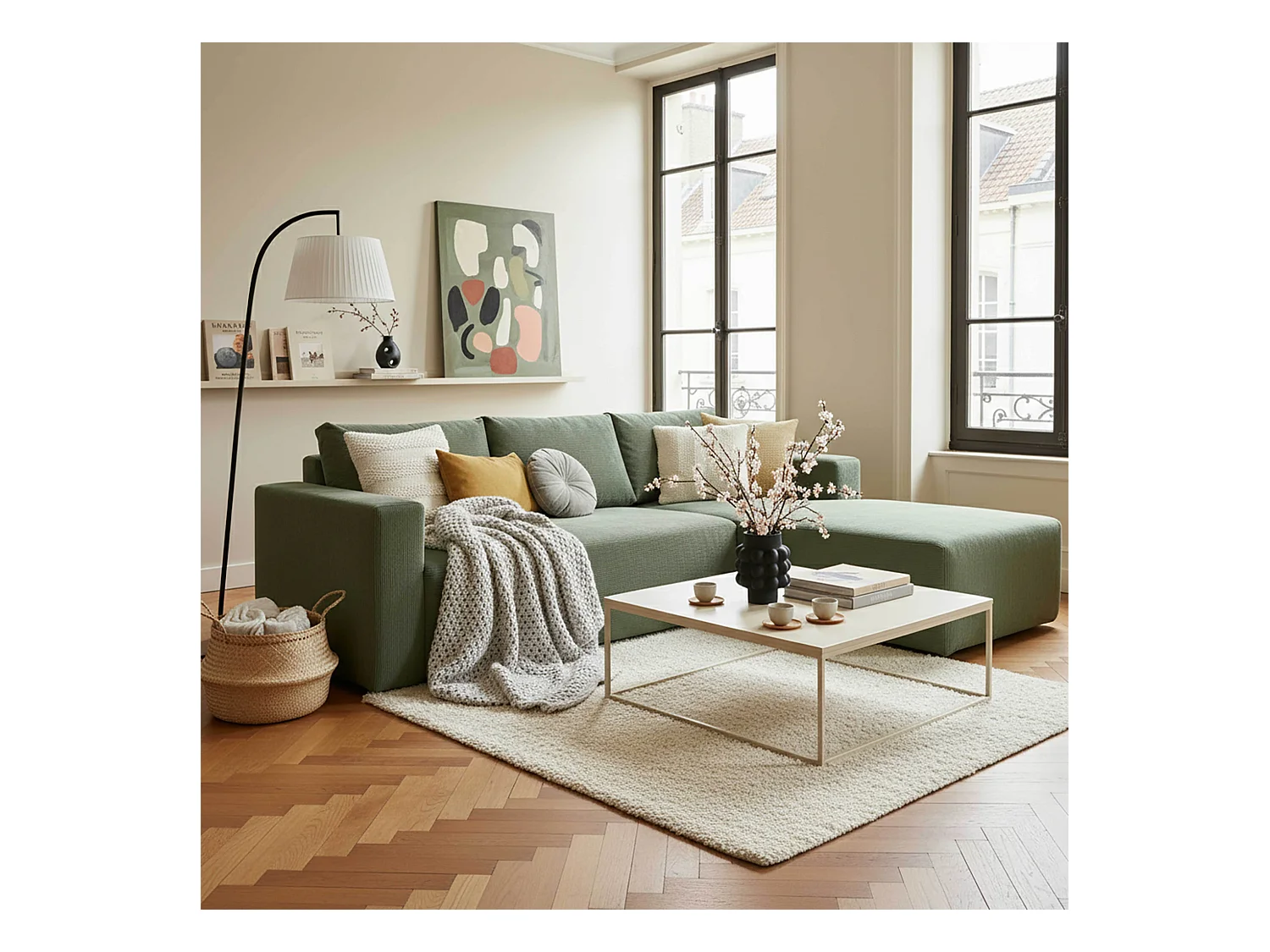 Canapé d'angle 4 places avec méridienne droite et coussins vert