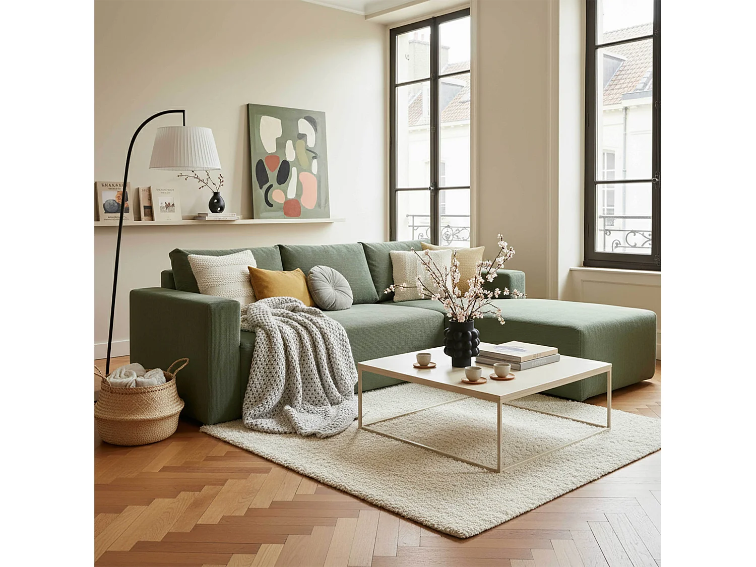 4-zits hoekbank met chaise longue rechts en groene L 265 cm