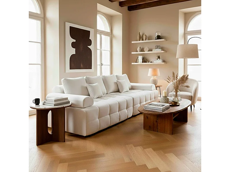 Canapé modulable 4 places en tissu avec coussins écru