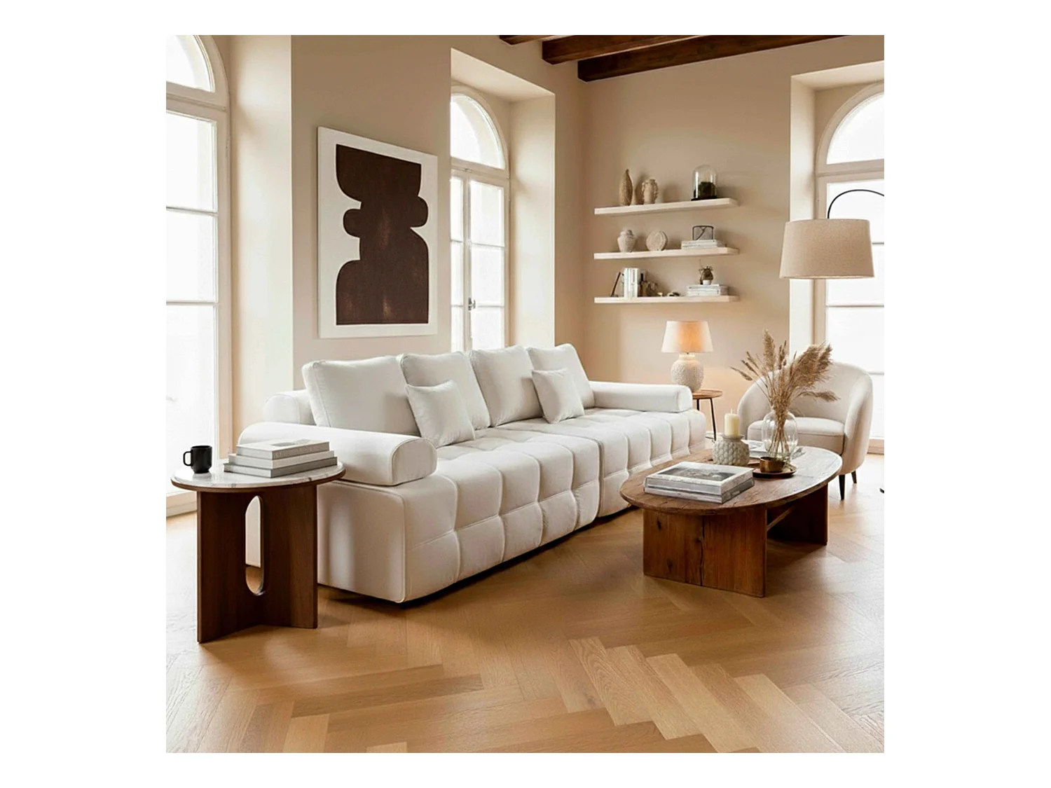 Canapé modulable 4 places en tissu avec coussins écru