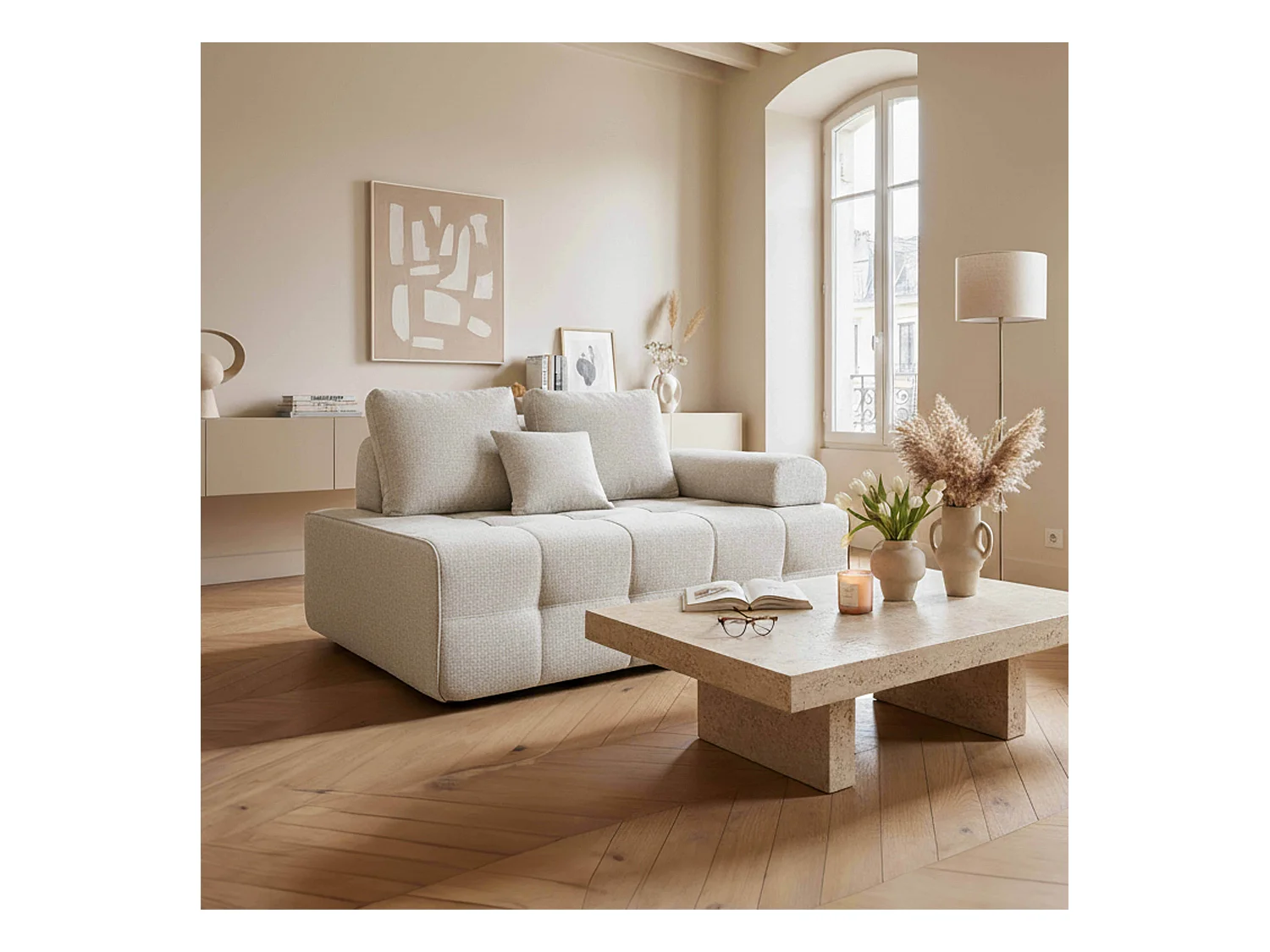 Fauteuil gauche pour canapé modulable en tissu avec coussins écru