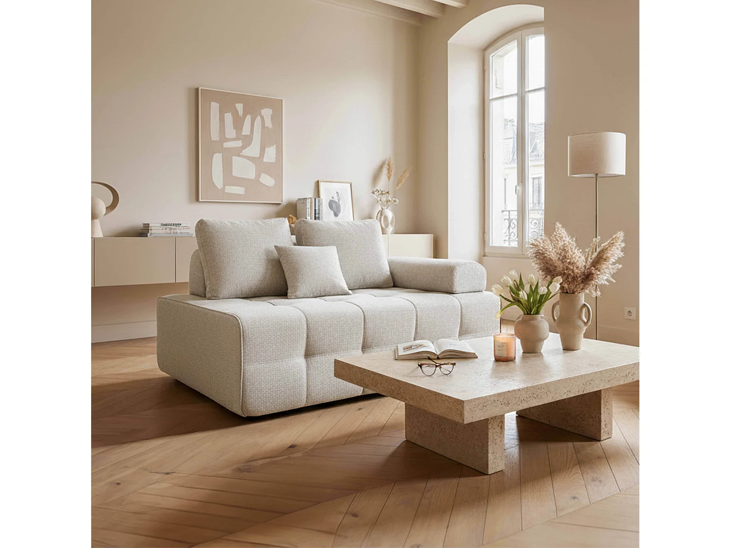 Fauteuil gauche pour canapé modulable en tissu écru L 140 cm