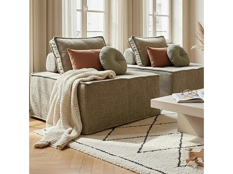 Canapé modulable 2 places en tissu avec coussins taupe