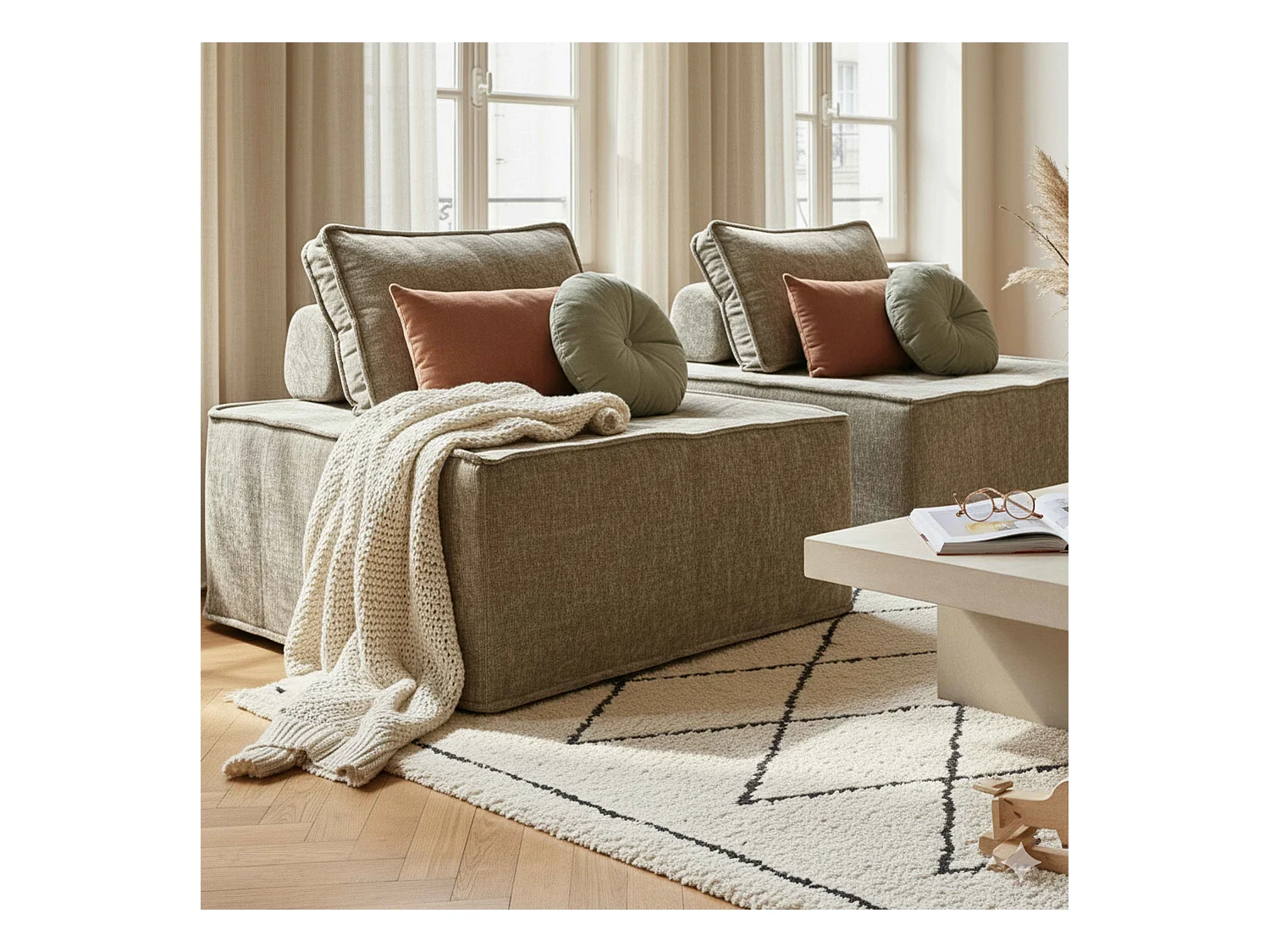 Canapé modulable 2 places en tissu avec coussins taupe