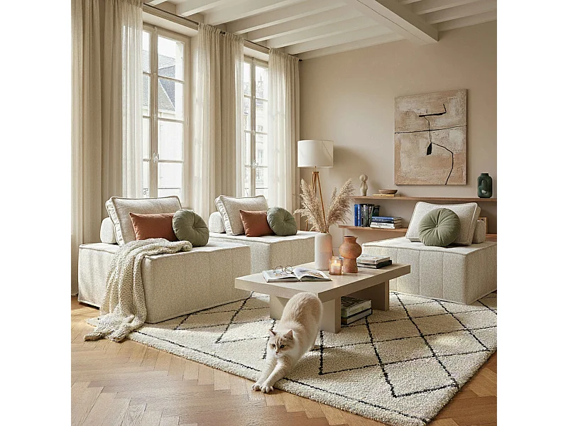 Canapé modulable 3 places en tissu avec coussins écru