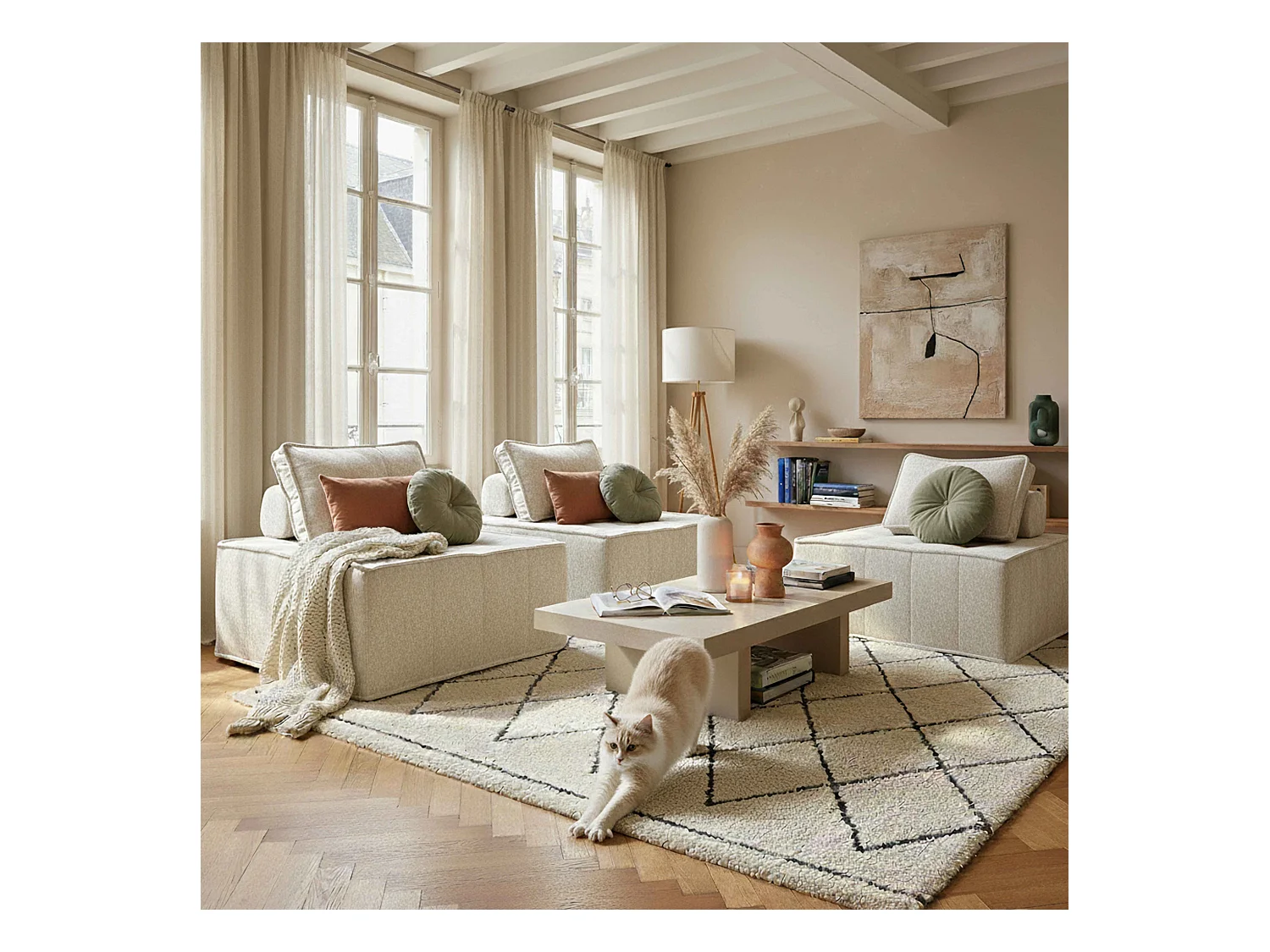 Canapé modulable 3 places en tissu avec coussins écru