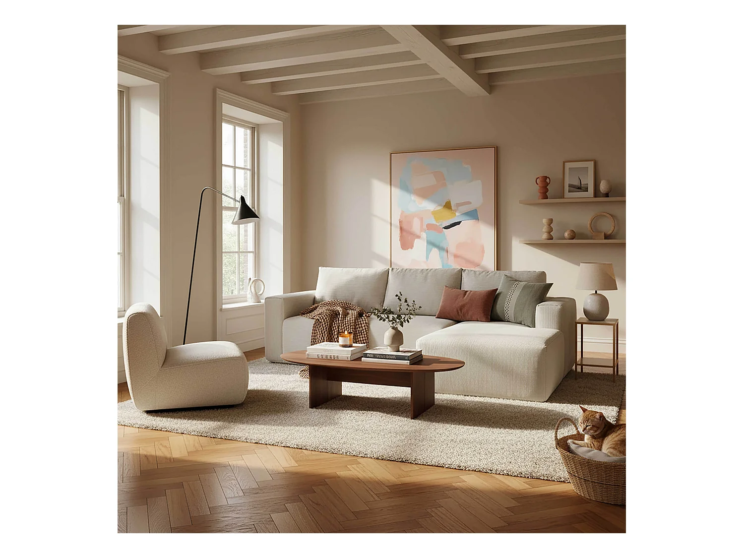 Canapé d'angle 4 places avec méridienne droite et coussins écru