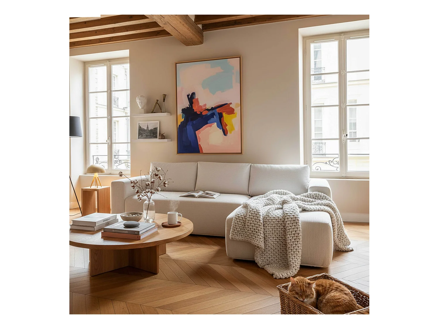 Canapé d'angle 4 places avec méridienne droite et coussins écru