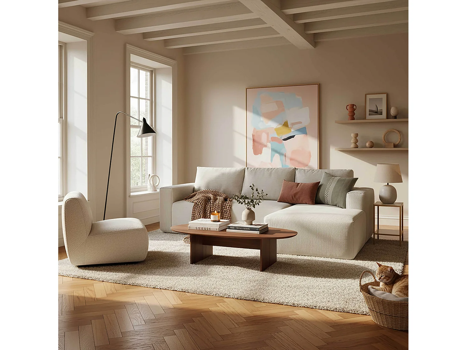 Canapé d'angle 4 places avec méridienne droite écru L 265 cm