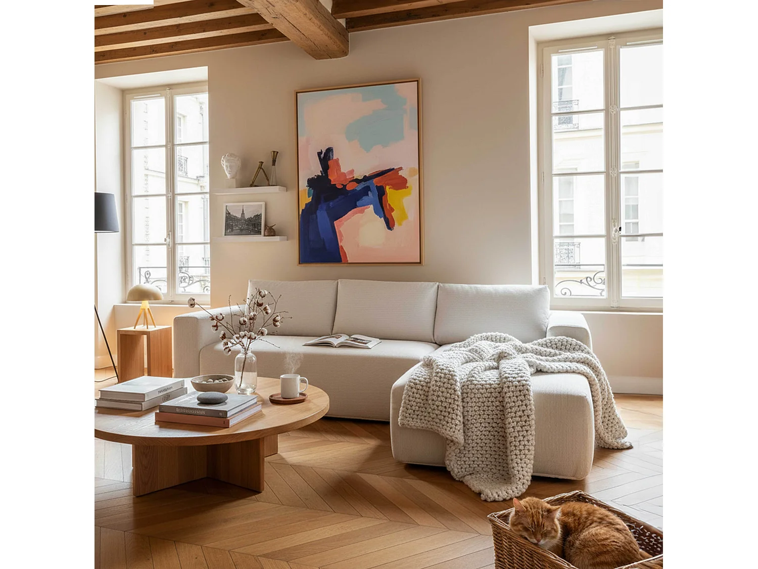 Canapé d'angle 4 places avec méridienne droite écru L 265 cm