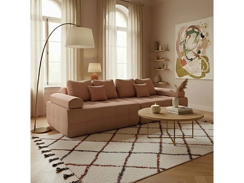 Canapé modulable 4 places en tissu avec coussins terracotta