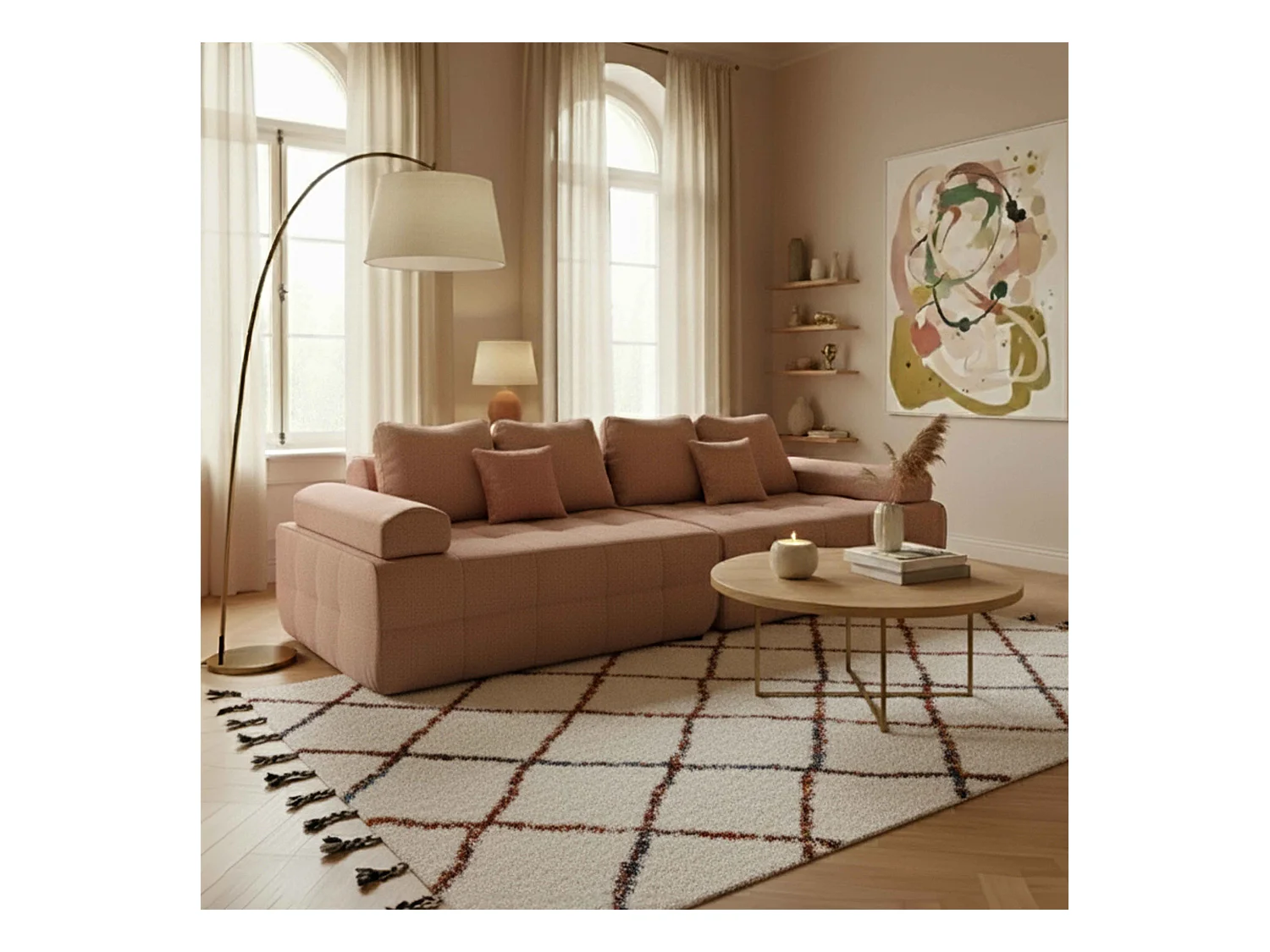 Canapé modulable 4 places en tissu avec coussins terracotta