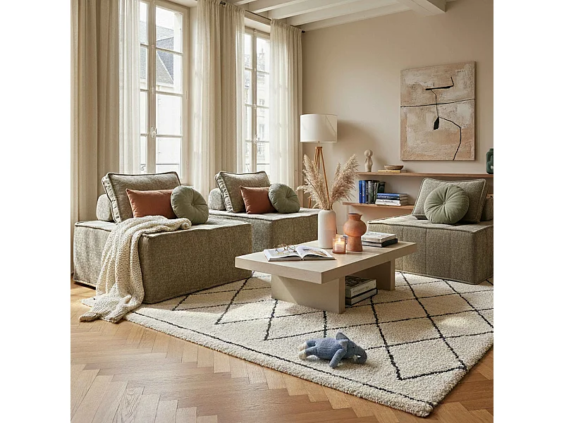 Canapé modulable 3 places en tissu avec coussins taupe