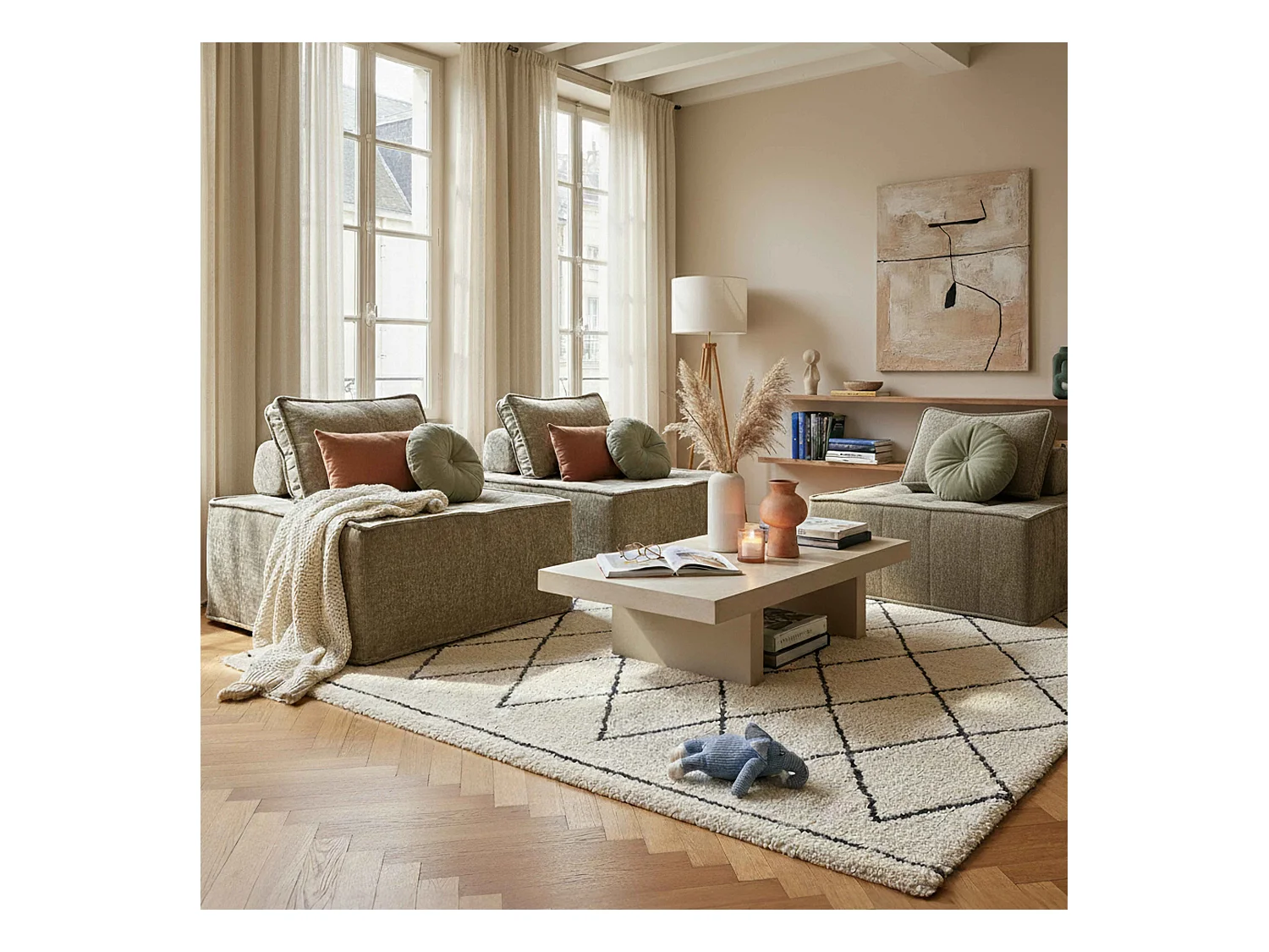 3-zits modulaire stoffen bank met taupe kussens