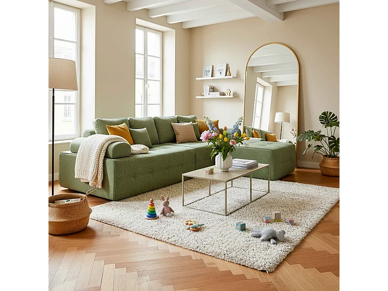 Canapé modulable 4 places en tissu avec pouf et coussins vert