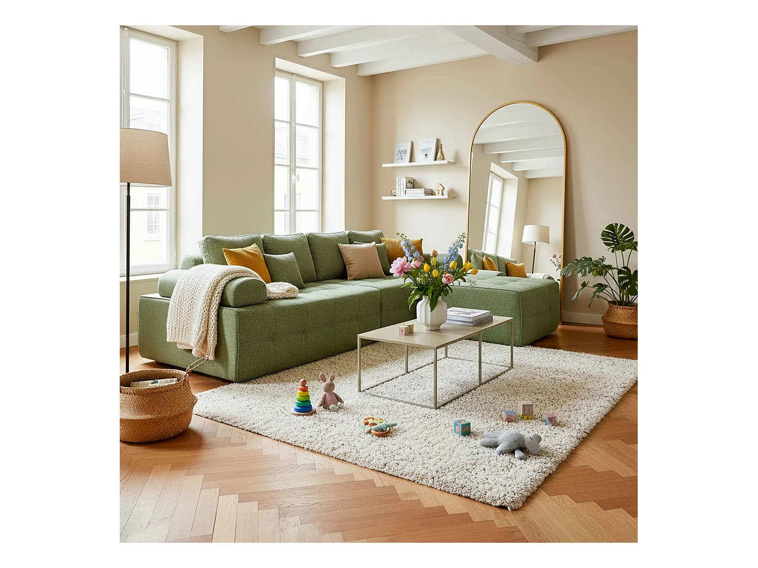 Canapé modulable 4 places en tissu avec pouf et coussins vert