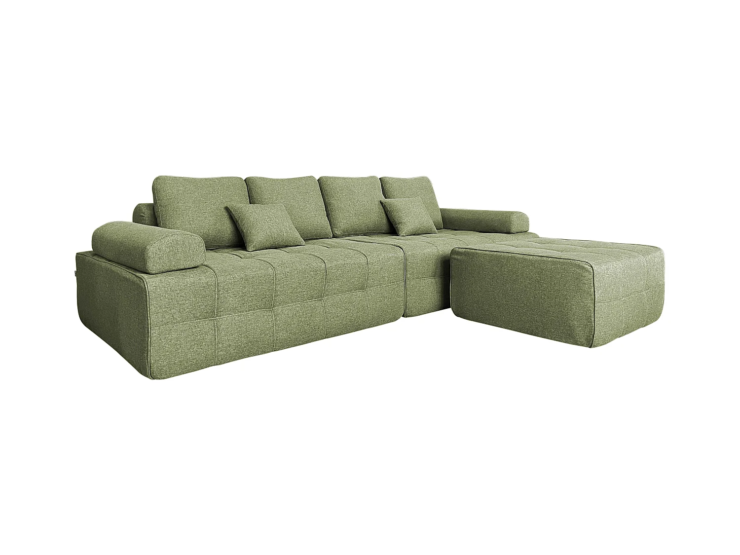 Canapé modulable 4 places en tissu avec pouf et coussins vert