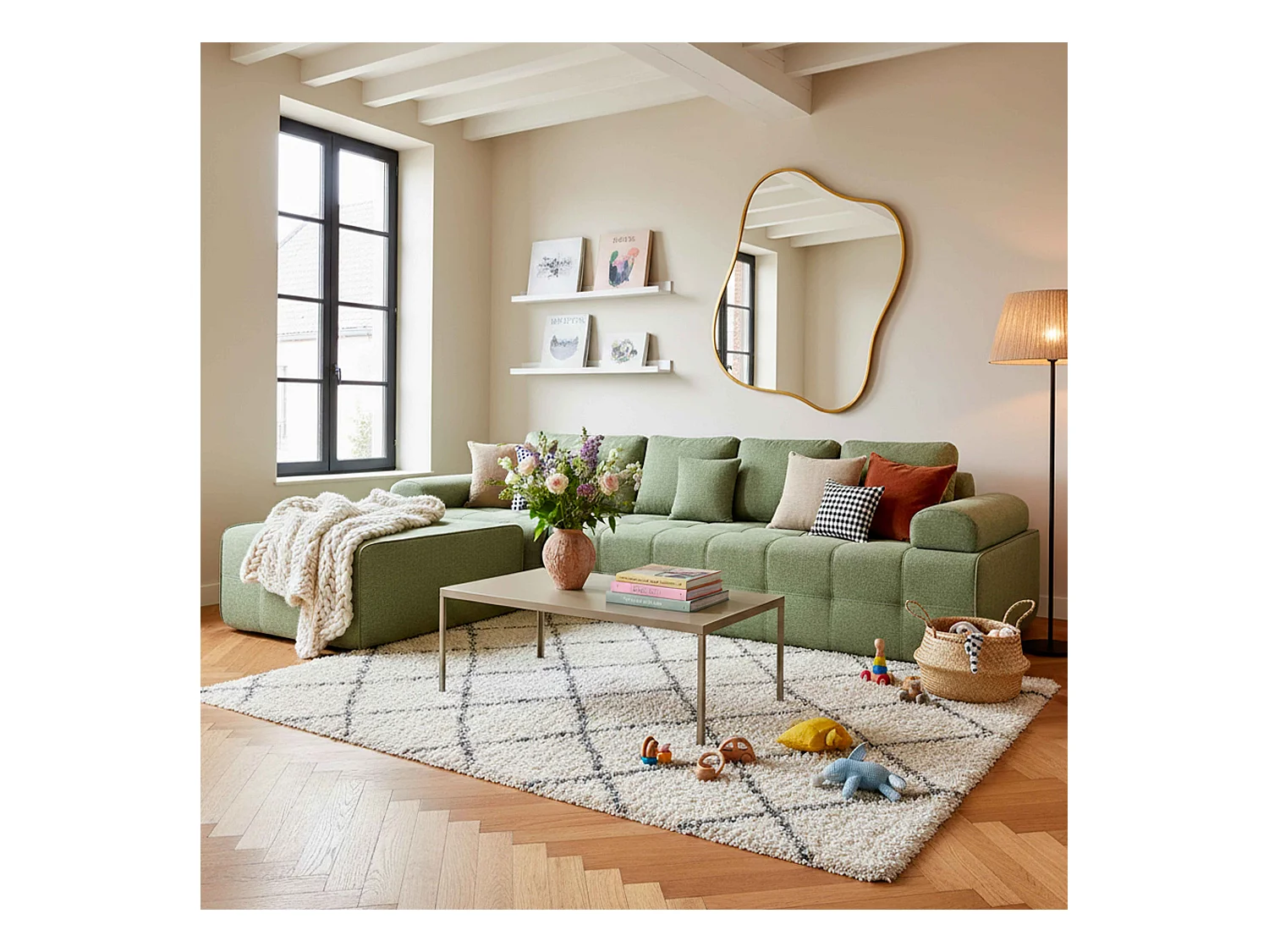 Canapé modulable 4 places en tissu avec pouf et coussins vert