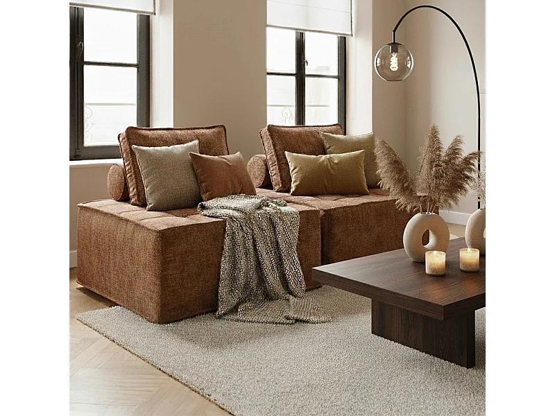 2-zits modulaire stoffen bank met terracotta kussens