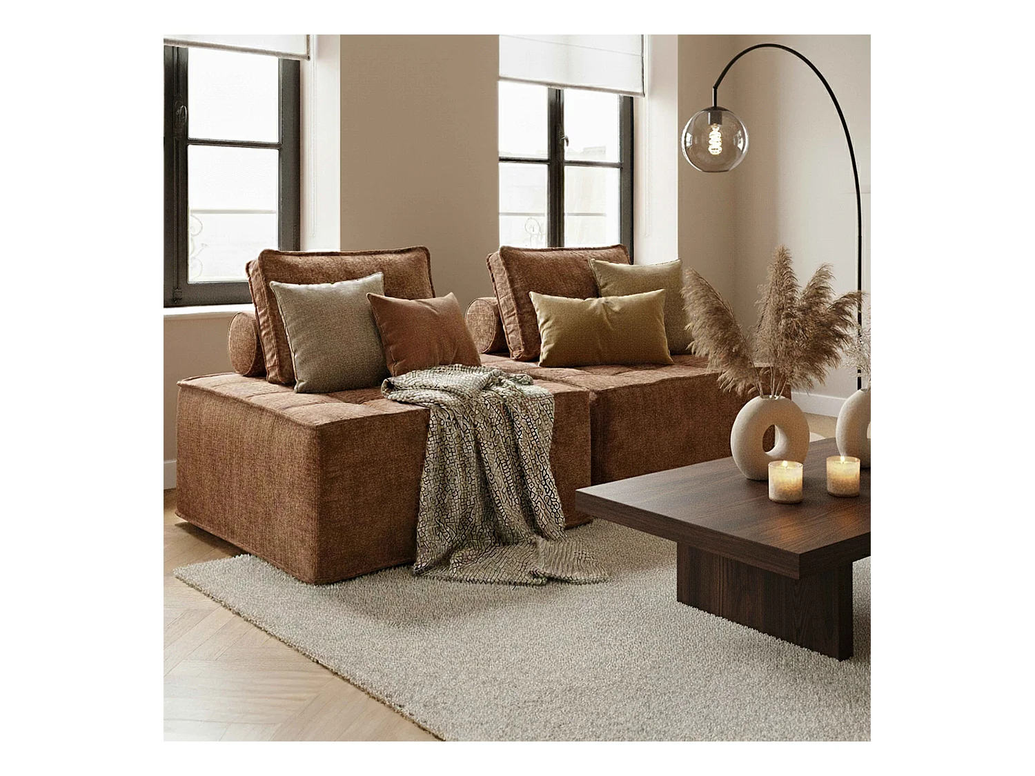 Canapé modulable 2 places en tissu avec coussins terracotta