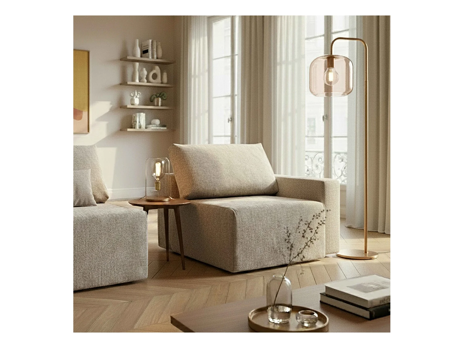 Fauteuil d'angle pour canapé modulable en tissu avec coussins écru