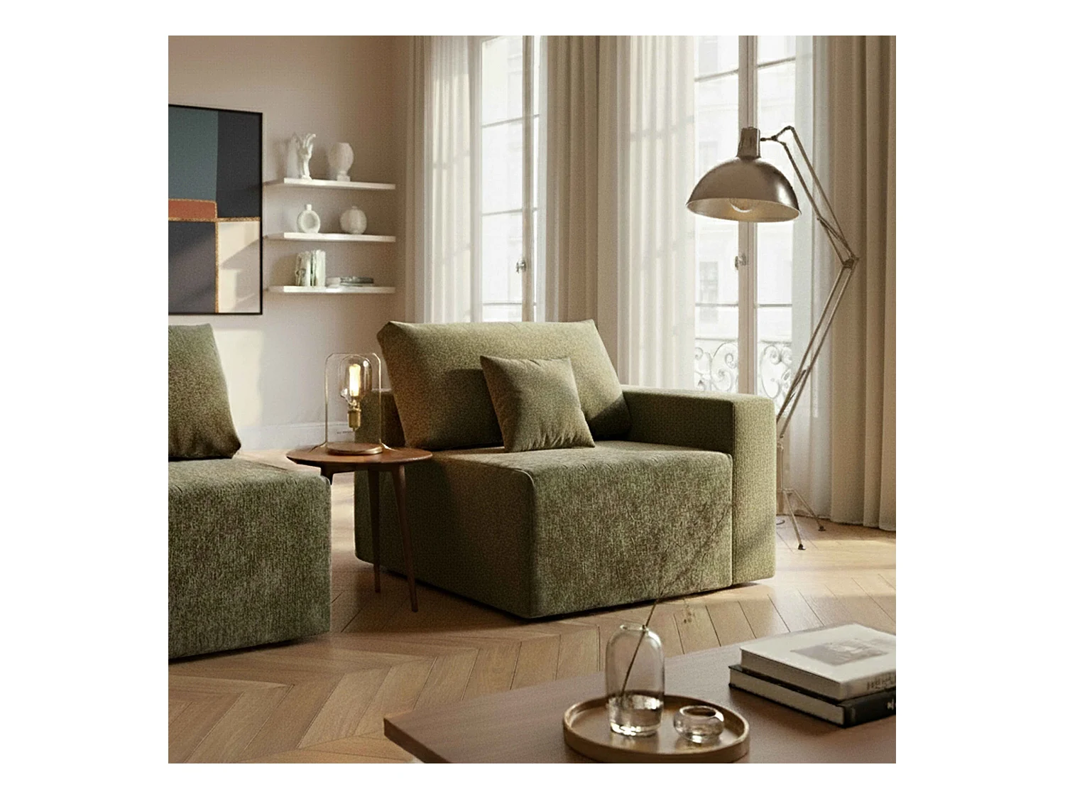 Fauteuil d'angle pour canapé modulable en tissu avec coussins vert