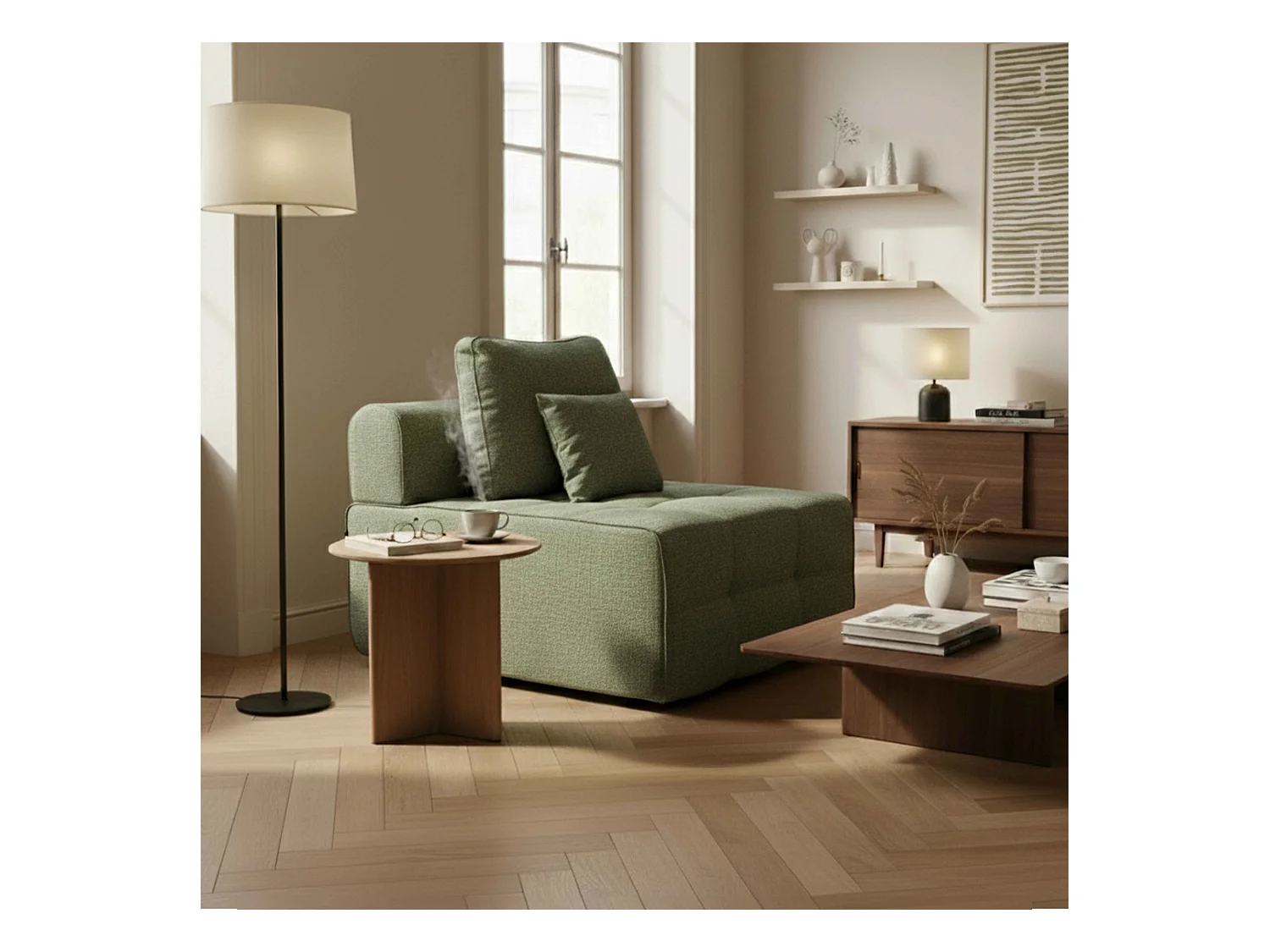 Enkele stoffen relaxfauteuil met groene kussens