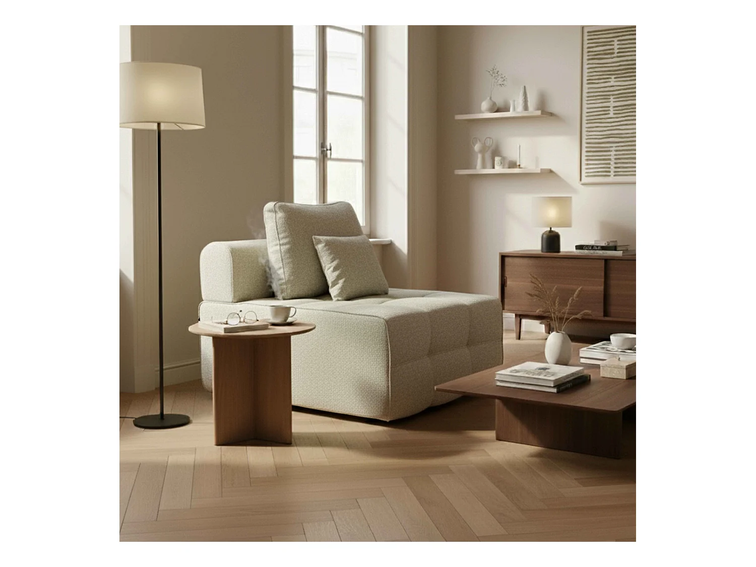 Chauffeuse pour canapé modulable 1 place en tissu avec coussins écru