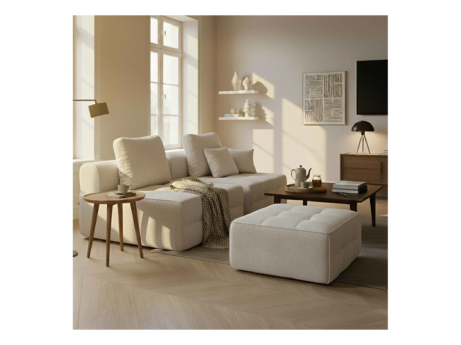 Chauffeuse pour canapé modulable 1 place en tissu avec coussins écru